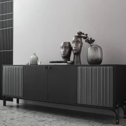 Credenza Canette a 2 porte in pelle nabuk grigio antracite e rovere*Morica Design Outlet