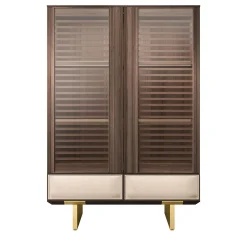 Madia Solferino in noce Canaletto ante in vetro a doghe cassetto in pelle*Arcari Arredamenti Outlet