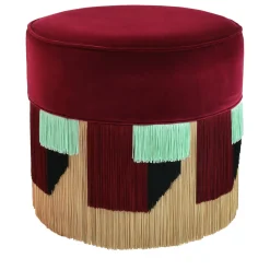 Pouf in legno di faggio a cilindro rosso con frangia geometrica*Lorenza Bozzoli Couture Best