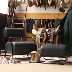 Sedia da salotto Kate con pouf in pelle nera*Real Piel Clearance