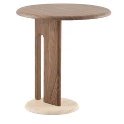Tavolino Ambrogio Alto in legno di noce marrone con base in marmo travertino romano*Morica Design Online