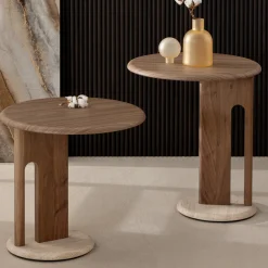 Tavolino Ambrogio Basso in noce Canaletto con base in marmo travertino*Morica Design Sale