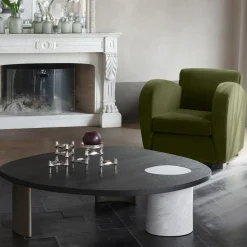 Tavolino da caffè Stone ovale in marmo di Carrara con supporti in legno curvi*Morica Design New