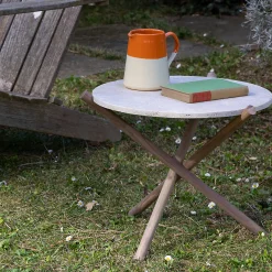 tavolino in pietra travertino beige naturam con gambe in noce canaletto*Veltha Outdoor Stone Design Clearance