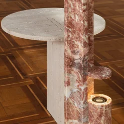 Tavolino Laterale Mostro Ii in Marmo Rosa Peralba e Travertino con Lampada Incassata*MMOOS. Hot