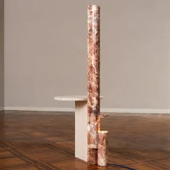 Tavolino Laterale Mostro Ii in Marmo Rosa Peralba e Travertino con Lampada Incassata*MMOOS. Hot