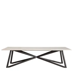 Tavolo da pranzo esterno rettangolare in pietra travertino e acciaio marrone Larte 260*Veltha Outdoor Stone Design Clearance