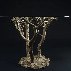 Tavolo da pranzo olivo in fusione di bronzo a cera persa con piano in fusione di alluminio naturale*Officine Salvetti