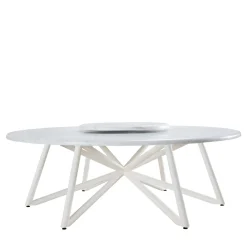 Tavolo da pranzo rotondo Hermu 230 in marmo bianco carrara e acciaio bianco per esterni*Veltha Outdoor Stone Design Online