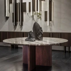 Tavolo da pranzo rotondo Antinomia T con base in legno impiallacciato marrone e piano in marmo*Emmemobili Sale