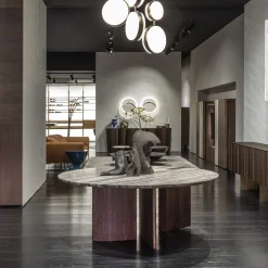 Tavolo da pranzo rotondo Antinomia T con base in legno impiallacciato marrone e piano in marmo*Emmemobili Sale